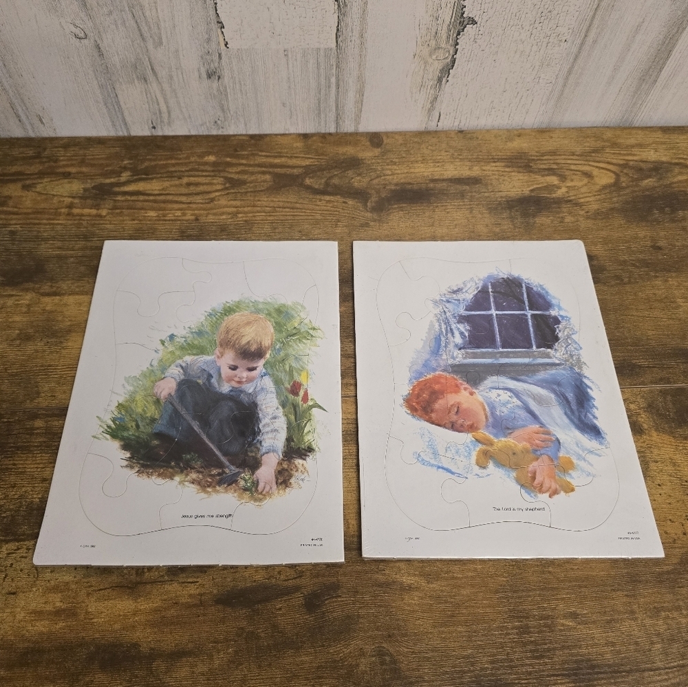 New Vintage Children's Puzzles Lot Of 2, Boy Sleeping And Boy In Garden
